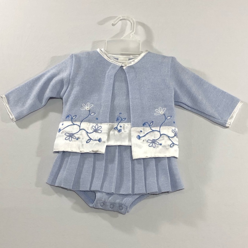 Vintage B.T. Kids Infant Girl’s Blue Unique 3-Piece Sweater Dress Set Size 3-6M